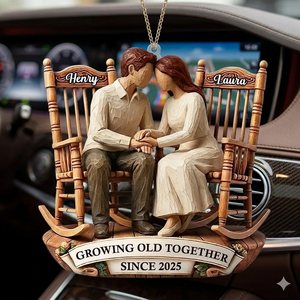 Couple Sitting On Rocking Chairs Faux Wood - Personalized Acrylic Ornament
