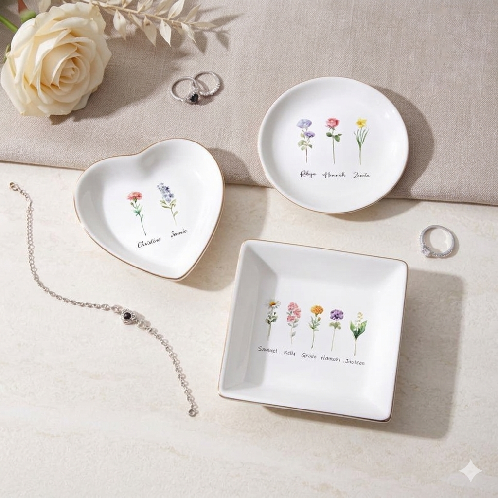 Personalized Birth Flower Ring Dish,Besties Flower Ring Holder,Ring Dish for Mom,Wedding Bridesmaid Trinket Dish,Mother's Day Gift