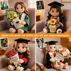 Graduation Gift Doll with Bouquet - Personalized Graduation Faux Fur Shaped Pillow