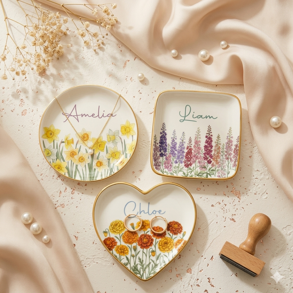 Personalized Watercolor Birth Month Flower Ring Trinket Dish, Mom Jewelry Dish, Wedding Bridesmaid Gift, Mother's Day gift