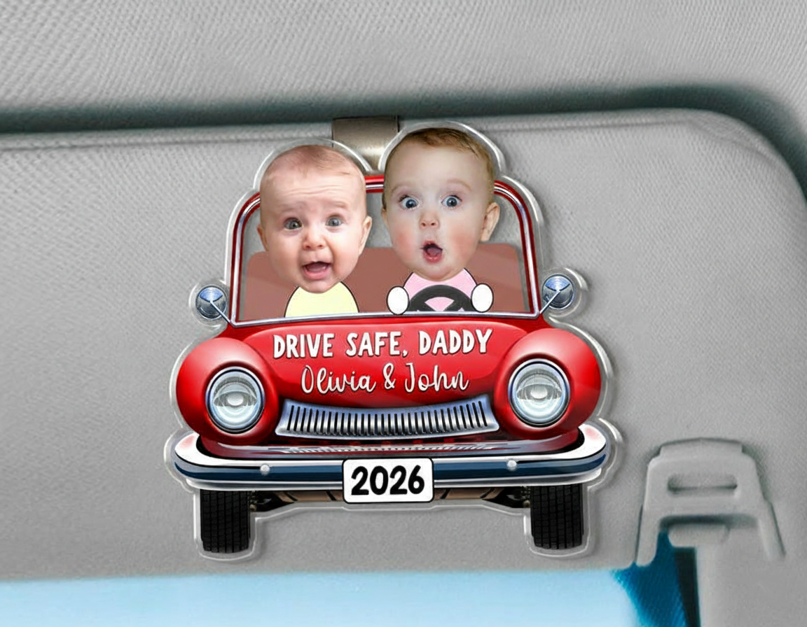 Custom Photo Car Visor Clip, Drive Safe Daddy Gift, Vintage Car Baby Face Visor Clip, Dad Christmas Gift, Dad Birthday Gift, New Dad Gift