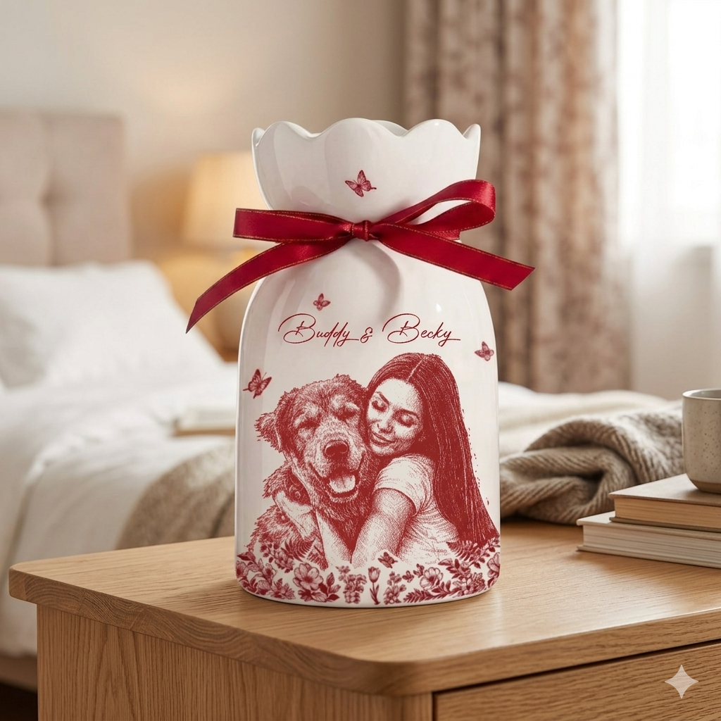 Custom Photo Pencil Sketch Art Loving Couple Family Pet - Personalized Ceramic Flower Vase