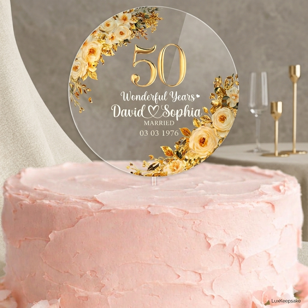 Personalized 50th Wedding Anniversary Acrylic Cake Topper, 50 Gold Wedding Gifts For Parents, Golden 50 Anniversary Gift, Husband Gift
