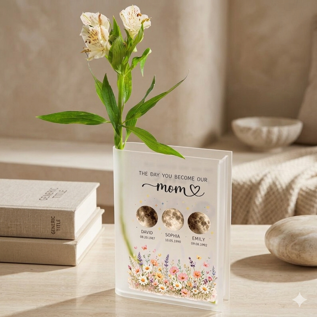 Personalized Moon Phase Book Vase, Custom Floral Acrylic Flower Holder