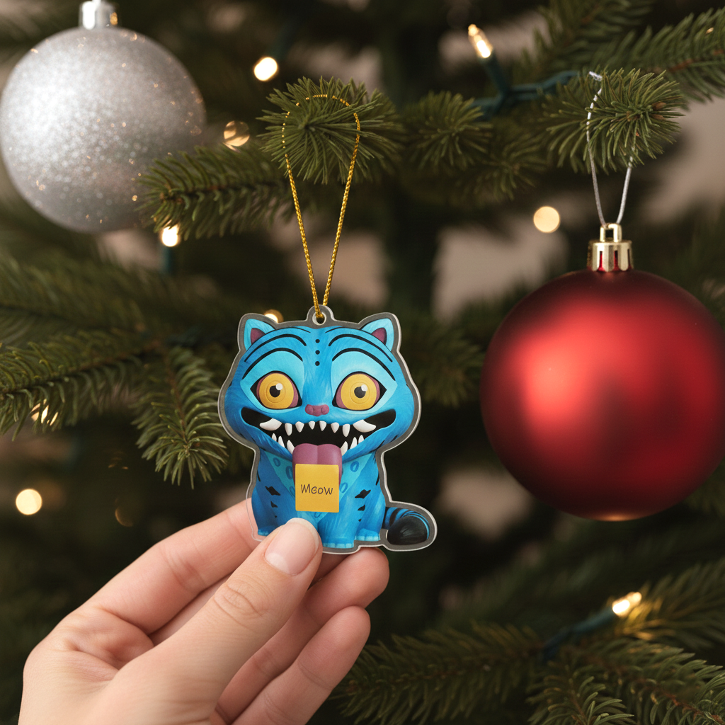 Demon Hunters Style Blue Cat Ornament, Spooky Cute Acrylic Christmas Decor, Movie Fan Gift, Unique Monster Cat Holiday Decoration