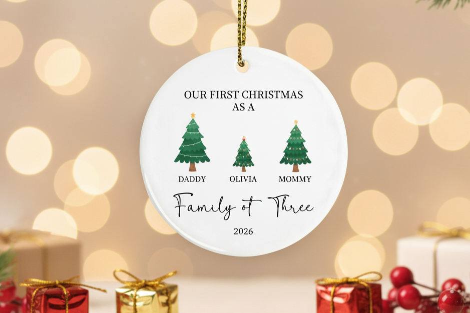 Personalized Family of Three Christmas Ornament: Baby's First Christmas