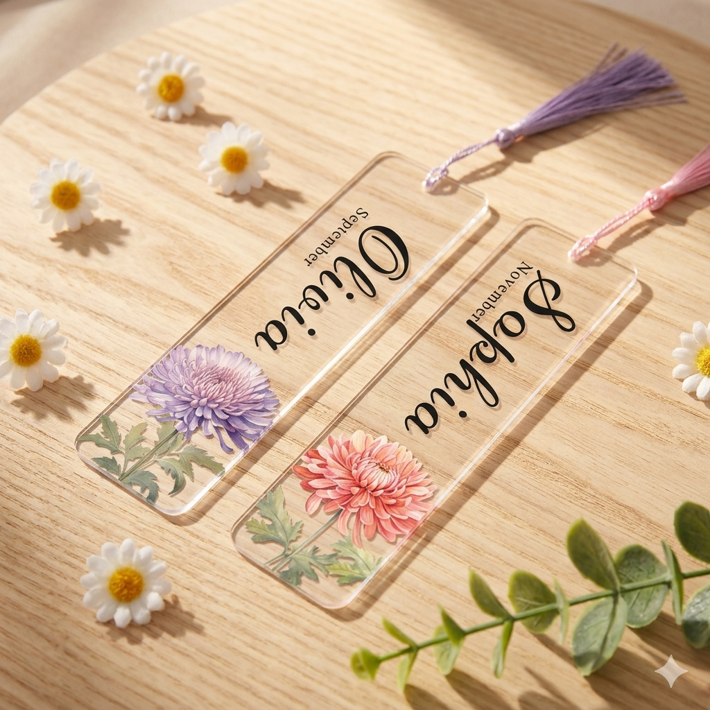 Customized name and birthday floral bookmark, Exquisite floral acrylic bookmark with tassel, Gift for friends, Reader Gift