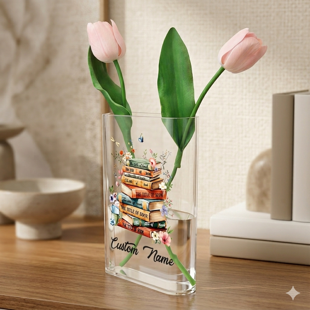 Custom Favorite Books Acrylic Book Vase, Personalized Book Titles, Unique Gift for Book Lovers, Reading Decor, Literary Inspired Home Accent