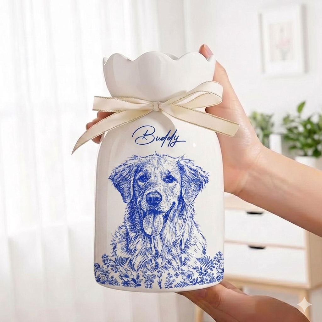 Custom Photo Pencil Sketch Art Loving Couple Family Pet - Personalized Ceramic Flower Vase