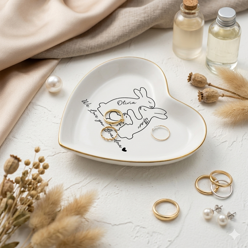 Personalized Bunny Family Jewelry Dish, Custom Ring Dish for Mom, Grandma Trinket Tray with Grandkids Names, Mother's Day Gift, Nana Gift