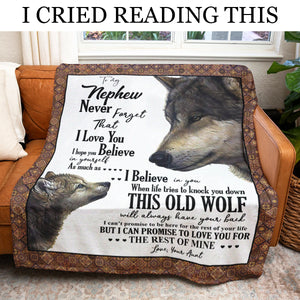 Gift For Nephew Blanket, To My Nephew This Old Wolf Will Always Have Your Back