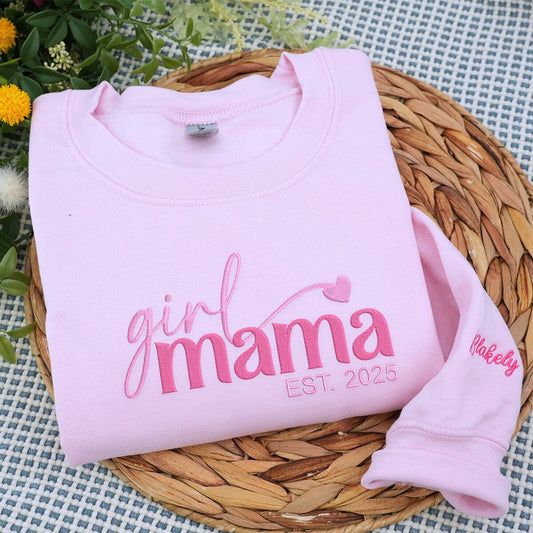 Girl Mama Sweatshirt or Hoodie with Kid Names on Sleeve - Embroidered Gift for Girl Mama