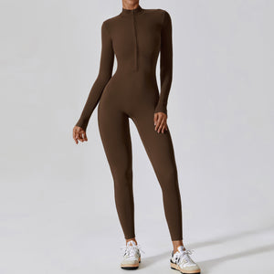One Piece Long Sleeve Sport Wear Gym Fitness Workout Clothing Bodysuit Half Zip Design Yoga Jumpsuit
