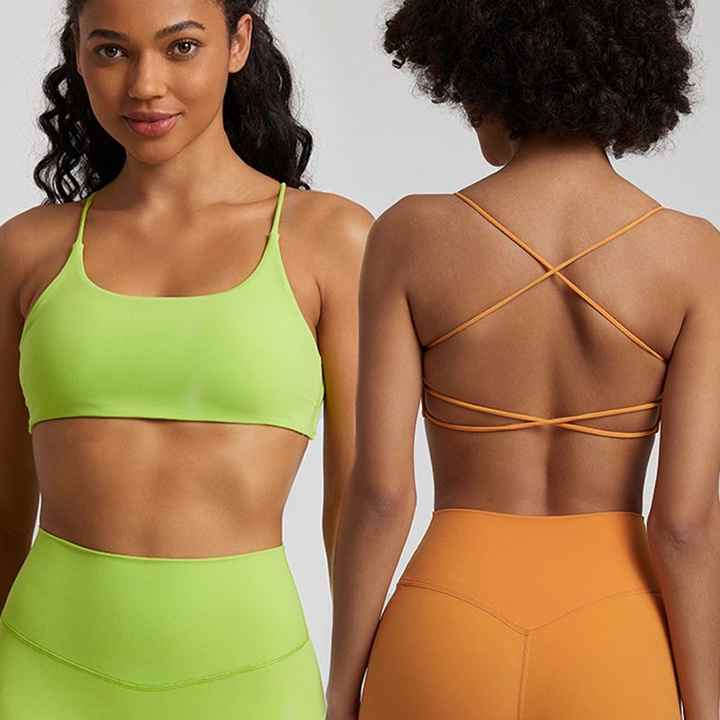Summer New Open Back Sports Gym Fitness Wear Thin Straps Sexy Padded Cross Back Workout Soft Nude Feeling Women Yoga Bra Top