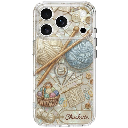 Celebrate The Art Of Knitting With Yarn And Needles, Personalized Clear Phone Case, Gift For Crafters