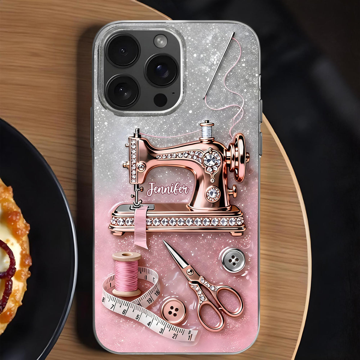 Custom Name Vintage Sewing Machine Design, Personalized Clear Phone Case, Gift For Crafters And Sewing Lovers