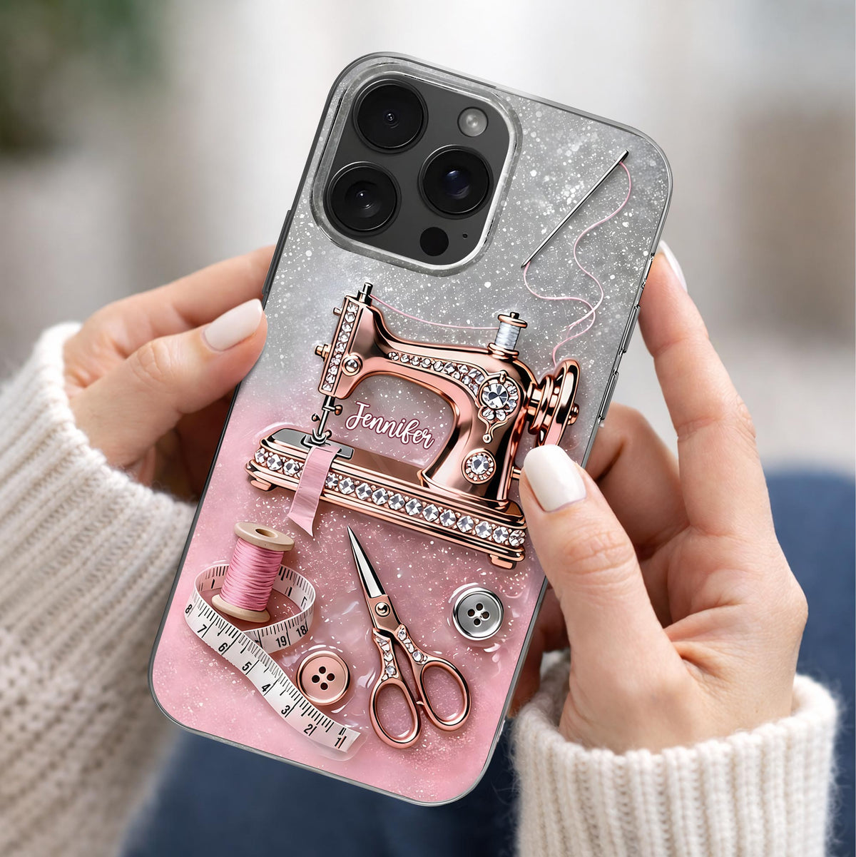 Custom Name Vintage Sewing Machine Design, Personalized Clear Phone Case, Gift For Crafters And Sewing Lovers