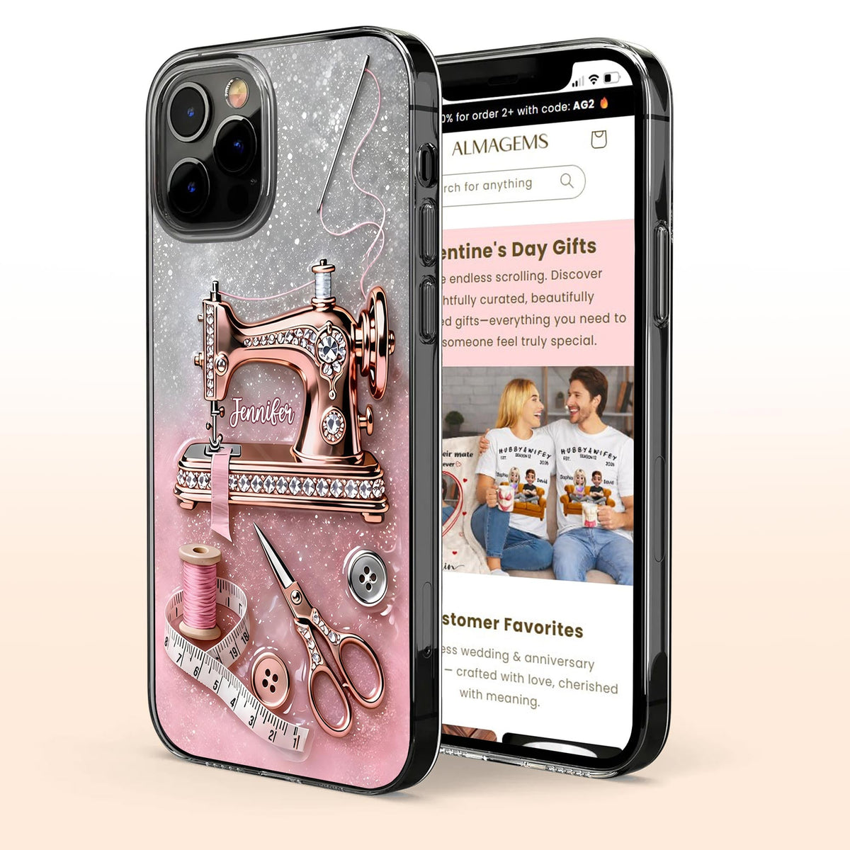 Custom Name Vintage Sewing Machine Design, Personalized Clear Phone Case, Gift For Crafters And Sewing Lovers