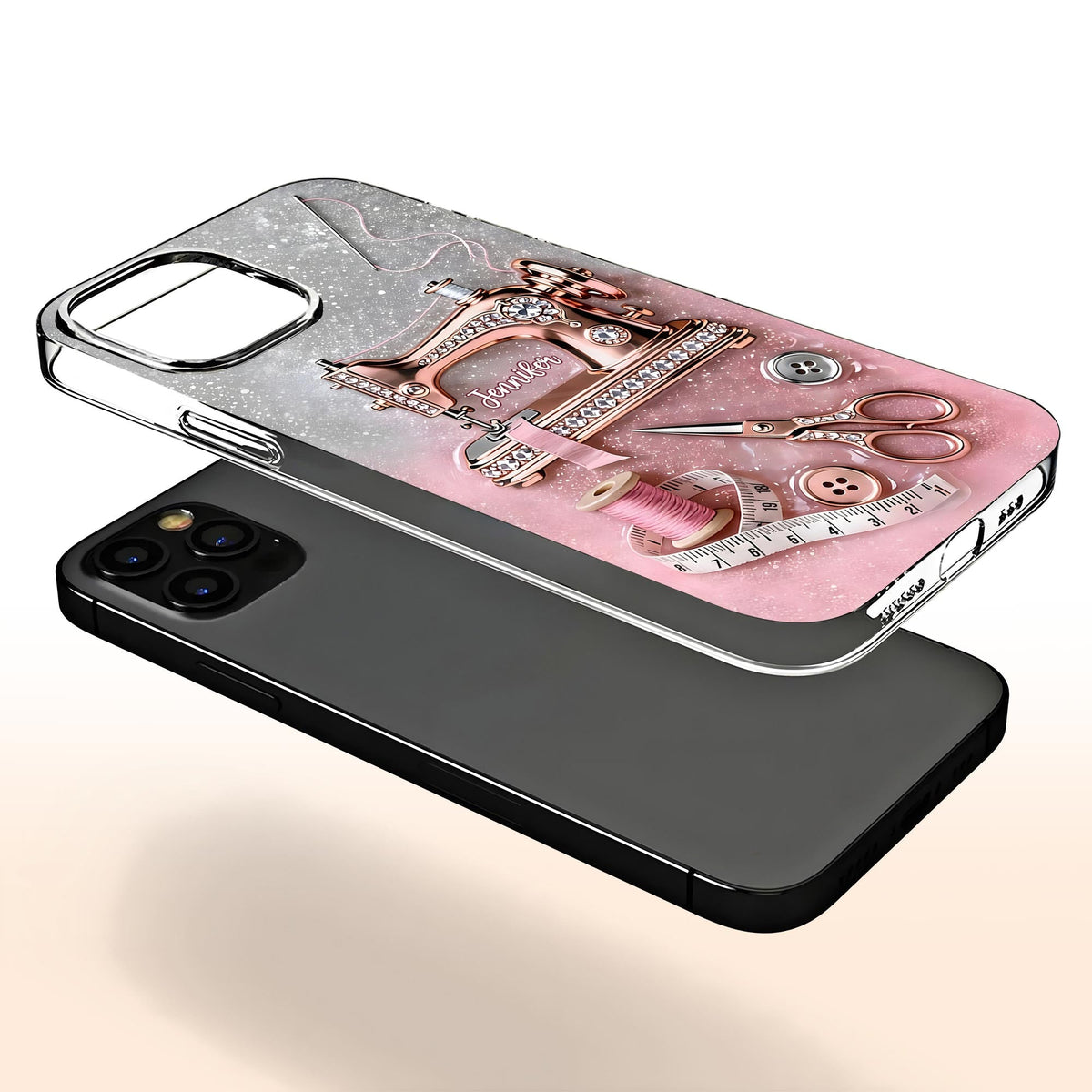 Custom Name Vintage Sewing Machine Design, Personalized Clear Phone Case, Gift For Crafters And Sewing Lovers