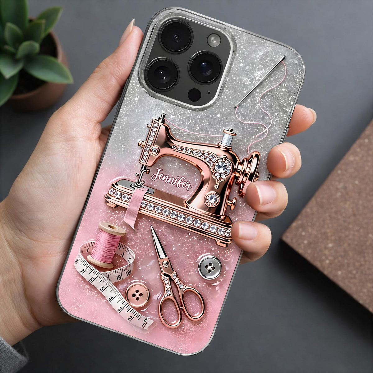 Custom Name Vintage Sewing Machine Design, Personalized Clear Phone Case, Gift For Crafters And Sewing Lovers