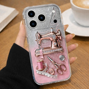Custom Name Vintage Sewing Machine Design, Personalized Clear Phone Case, Gift For Crafters And Sewing Lovers