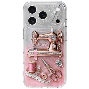 Custom Name Vintage Sewing Machine Design, Personalized Clear Phone Case, Gift For Crafters And Sewing Lovers