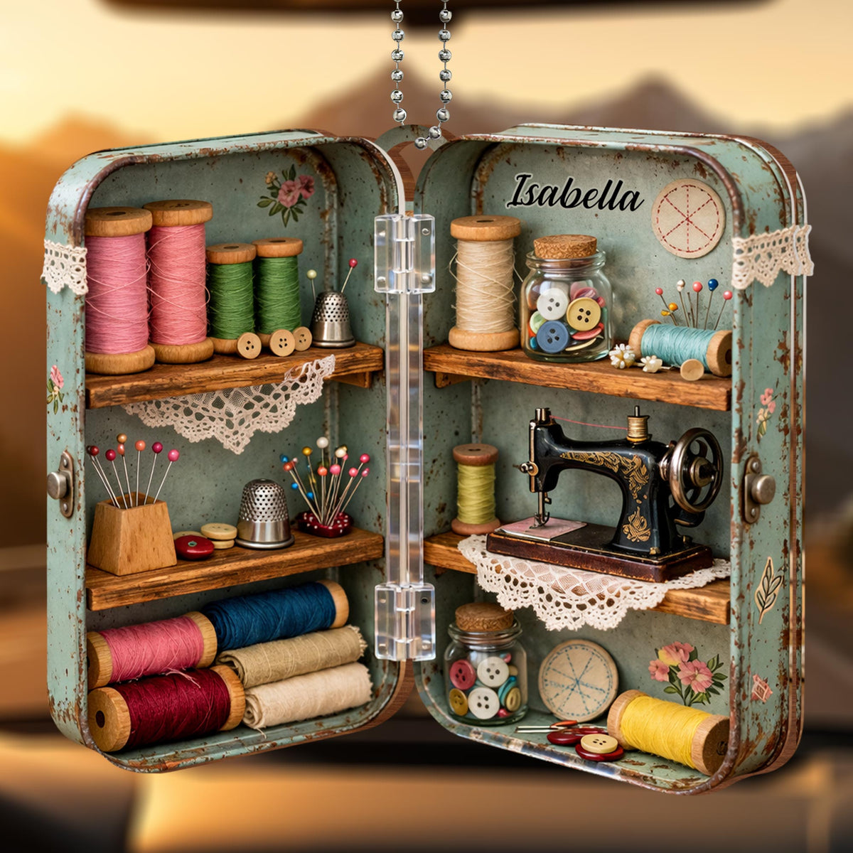 Sewing Memories, Threads And Sewing Machine, Car Hanging Ornament, Gift For Sewing Lovers