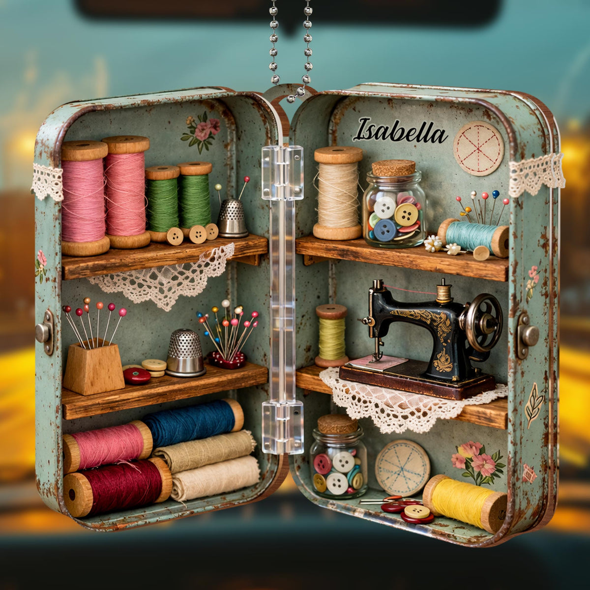 Sewing Memories, Threads And Sewing Machine, Car Hanging Ornament, Gift For Sewing Lovers