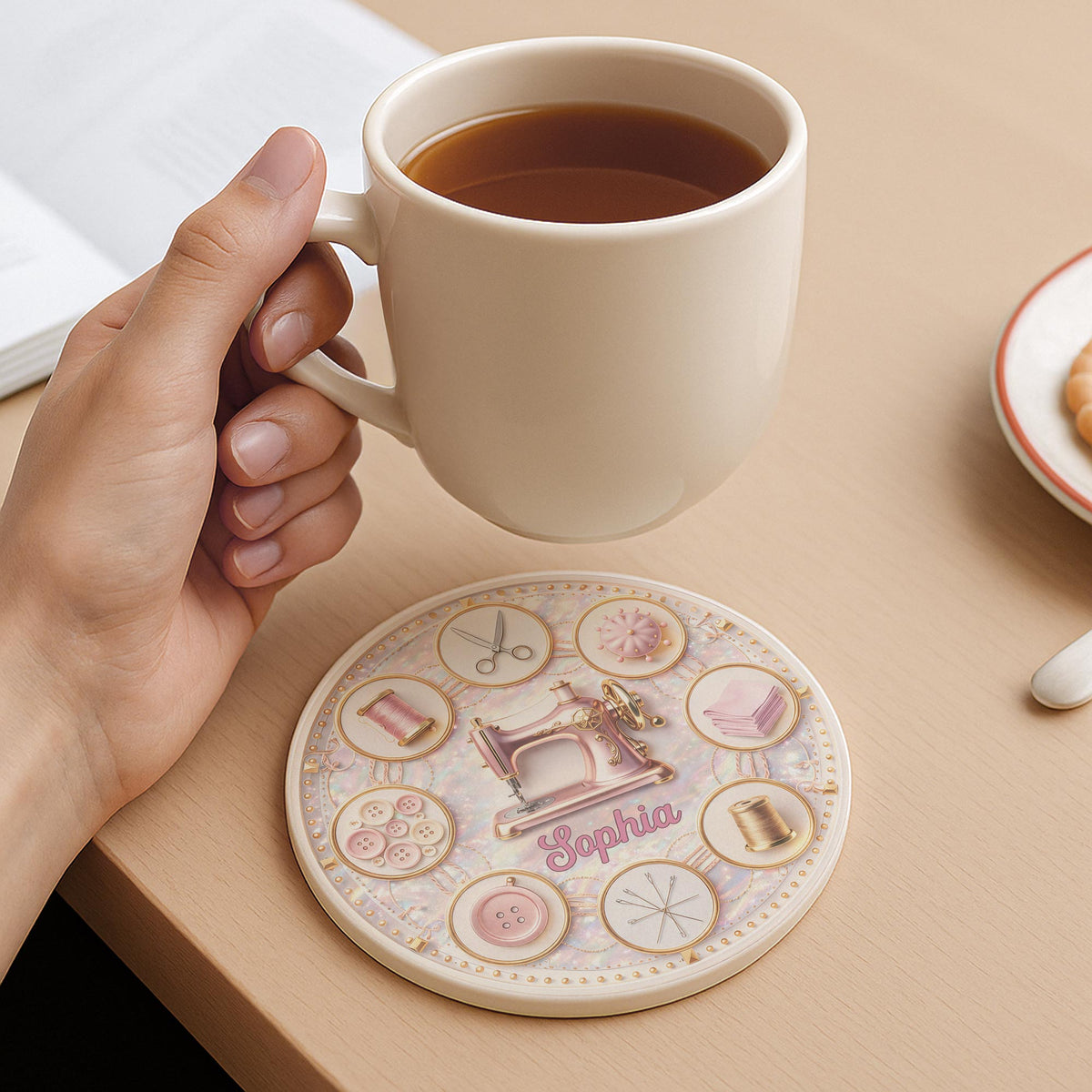 Love Into Every Stitch, Ceramic Coaster, Gift For Seamstress Lovers