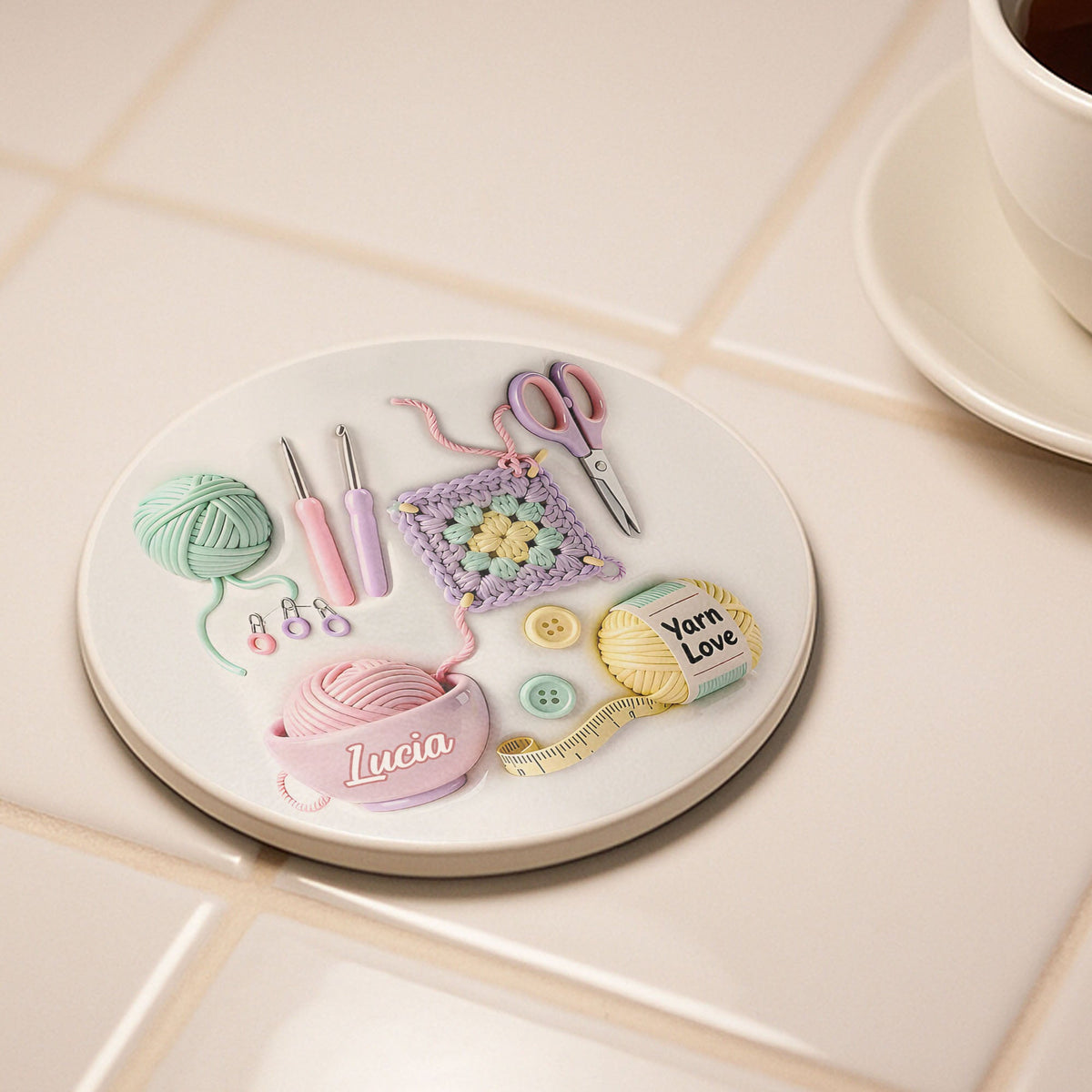 Yarn Love Coaster, Personalized Ceramic Coaster, Gift For Knit Lovers