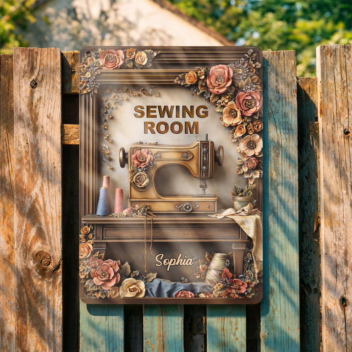 Sewing Room With Vintage Sewing Machine And Flowers,Personalized Metal Sign,Gift For Crafters