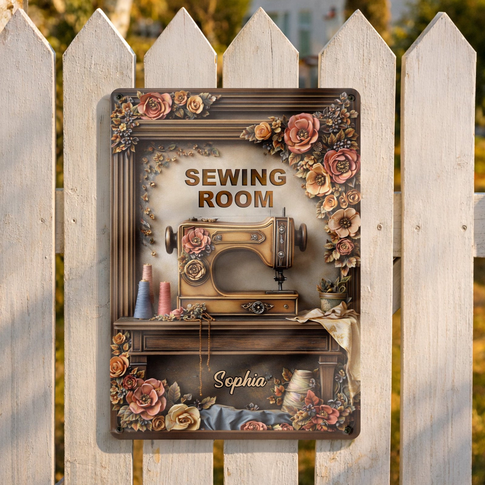 Sewing Room With Vintage Sewing Machine And Flowers,Personalized Metal Sign,Gift For Crafters