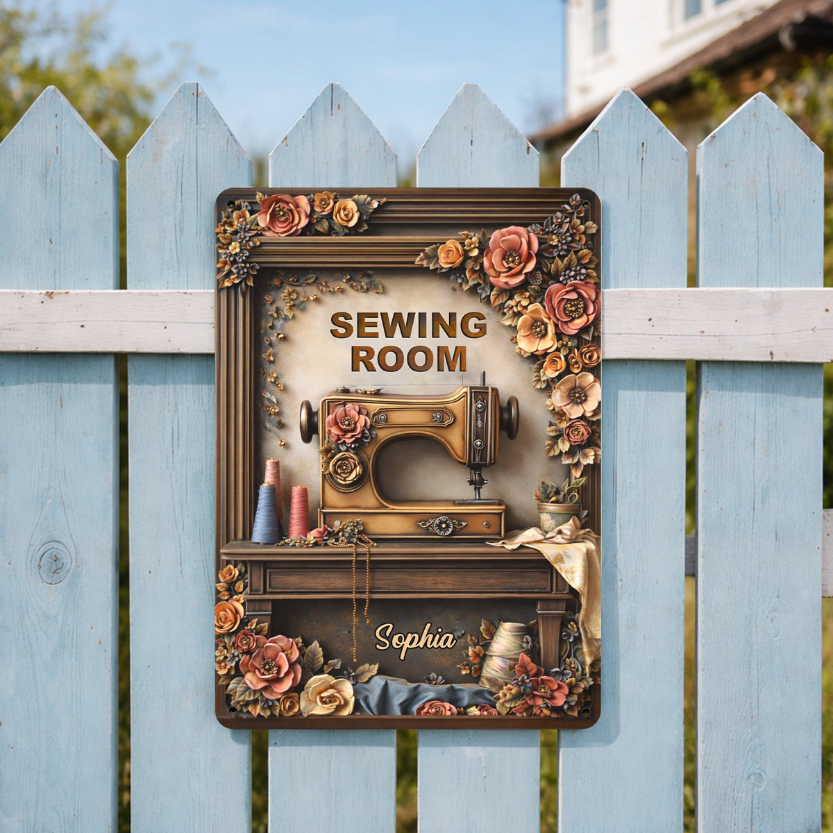 Sewing Room With Vintage Sewing Machine And Flowers,Personalized Metal Sign,Gift For Crafters
