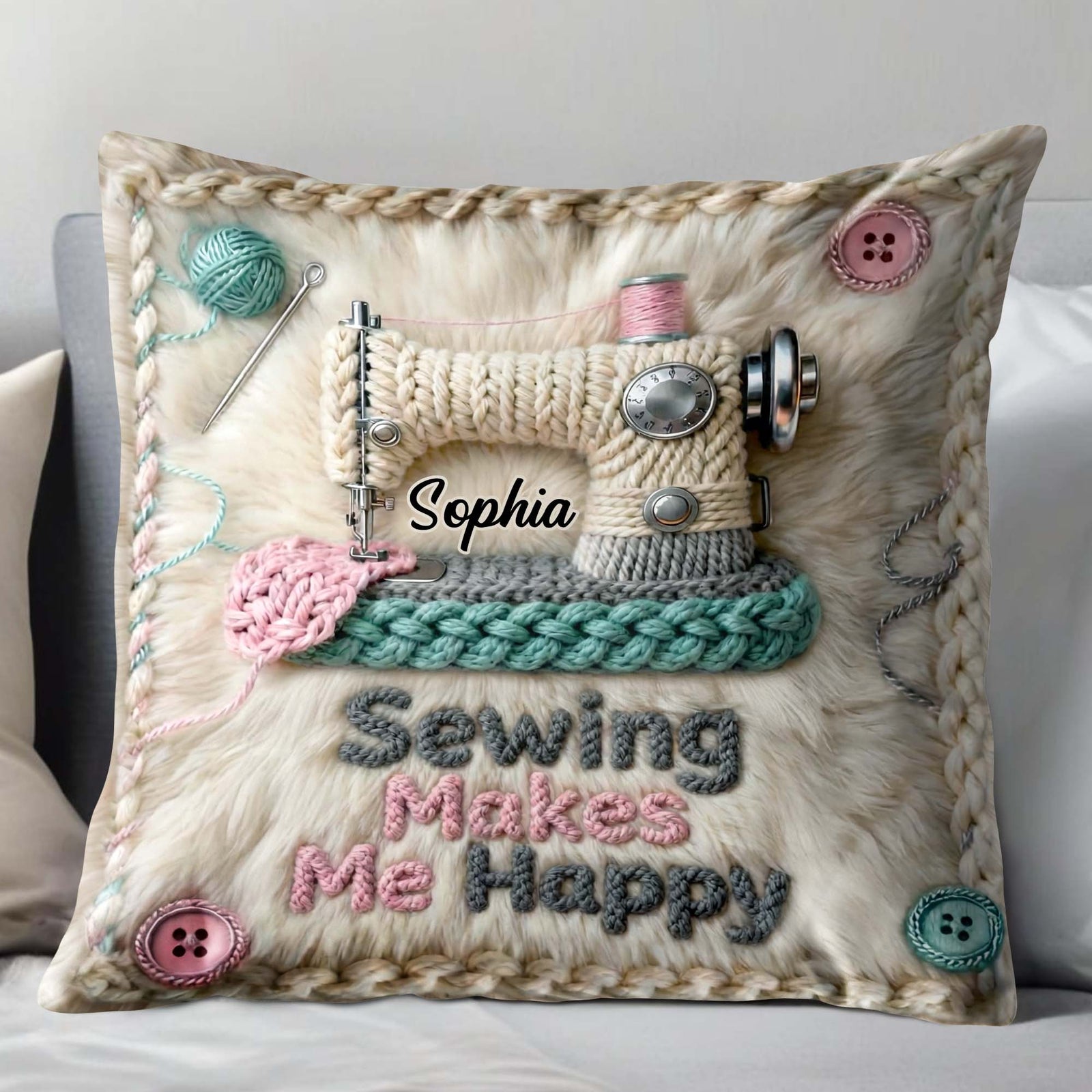 Sewing Makes Me Happy Pillow With Yarn And Buttons, Personalized Custom Pillow, Gift For Craft Lovers And Hobbyists
