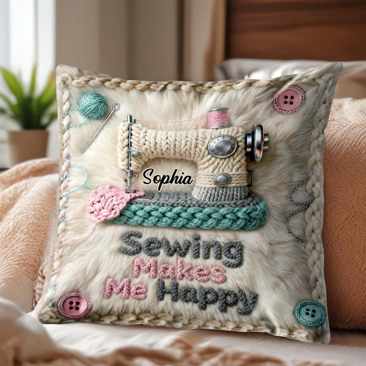 Sewing Makes Me Happy Pillow With Yarn And Buttons, Personalized Custom Pillow, Gift For Craft Lovers And Hobbyists