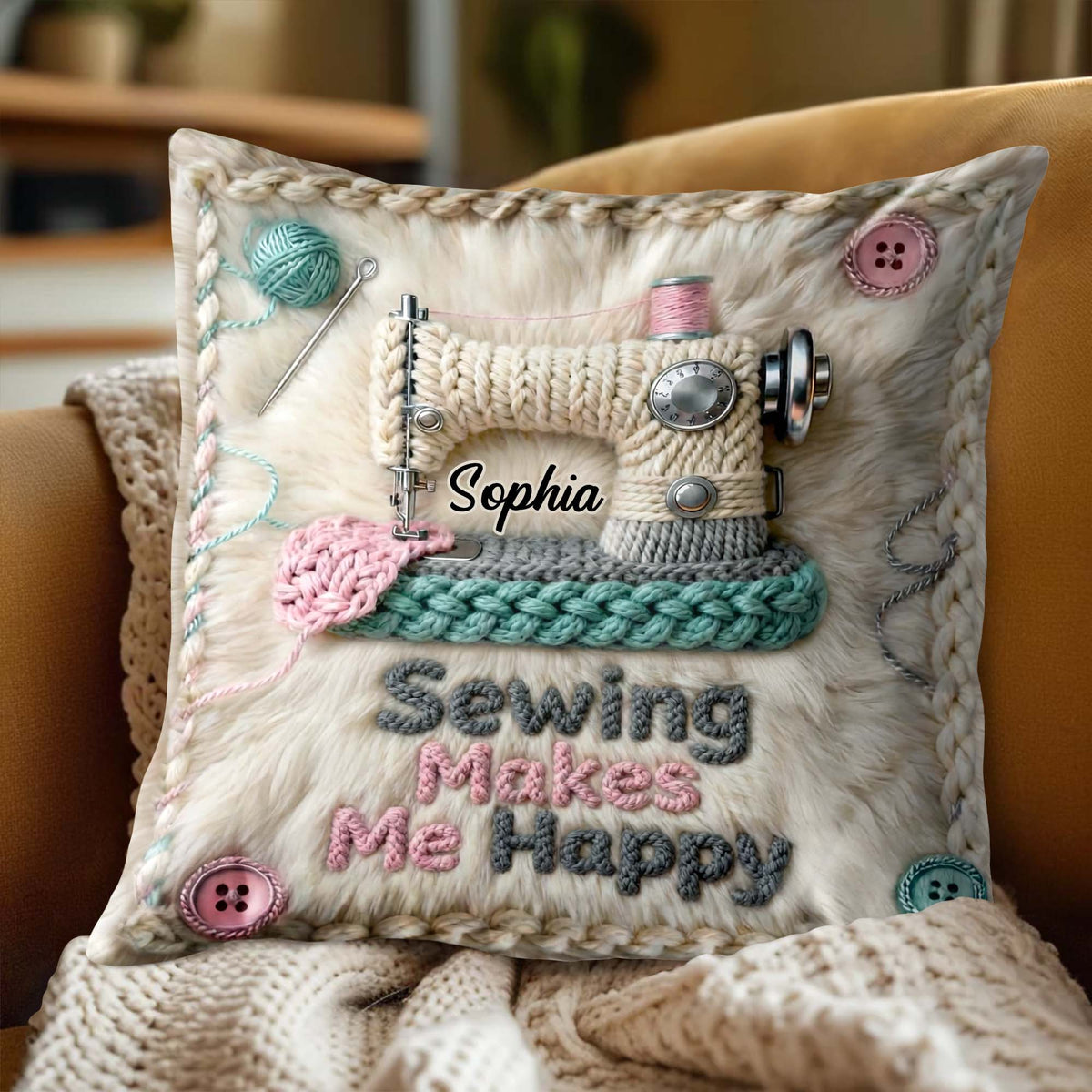 Sewing Makes Me Happy Pillow With Yarn And Buttons, Personalized Custom Pillow, Gift For Craft Lovers And Hobbyists