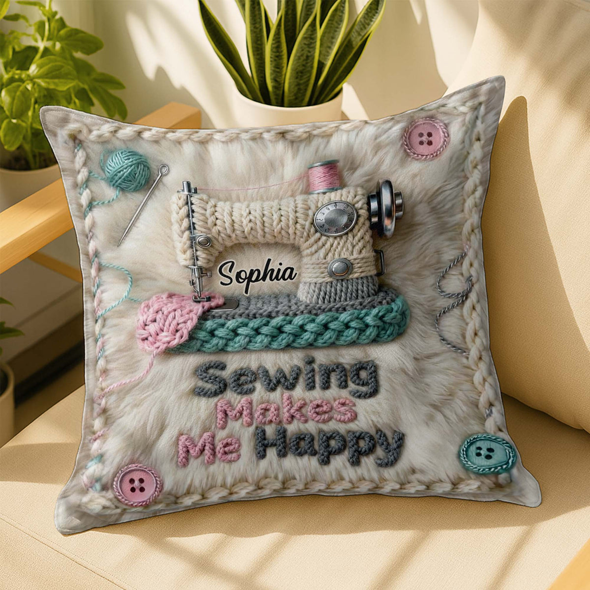 Sewing Makes Me Happy Pillow With Yarn And Buttons, Personalized Custom Pillow, Gift For Craft Lovers And Hobbyists