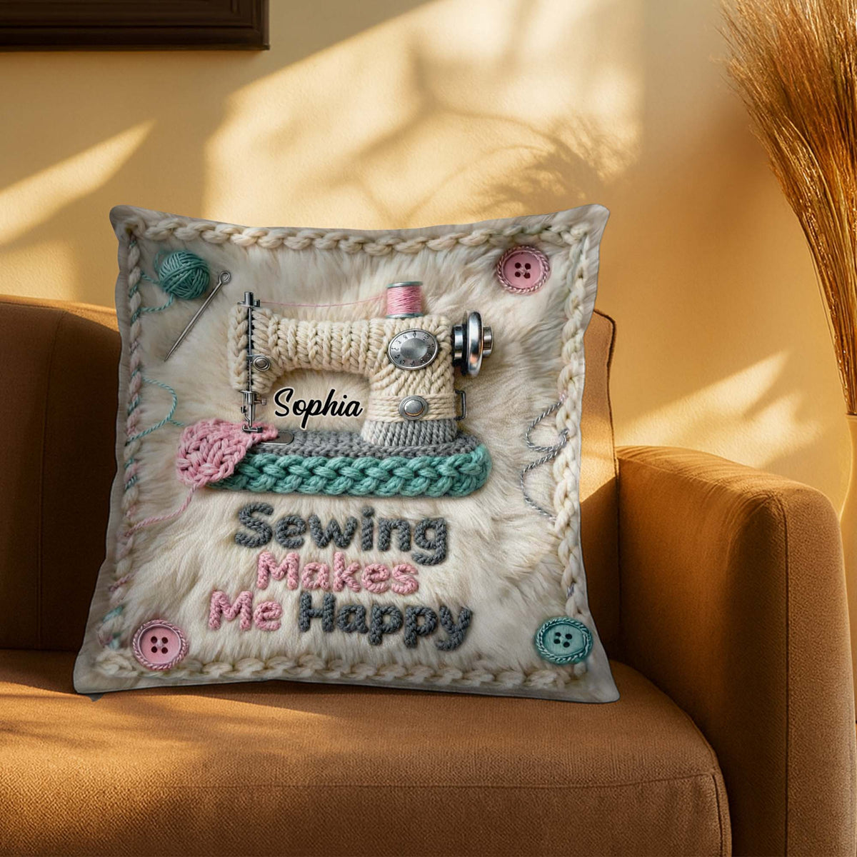 Sewing Makes Me Happy Pillow With Yarn And Buttons, Personalized Custom Pillow, Gift For Craft Lovers And Hobbyists