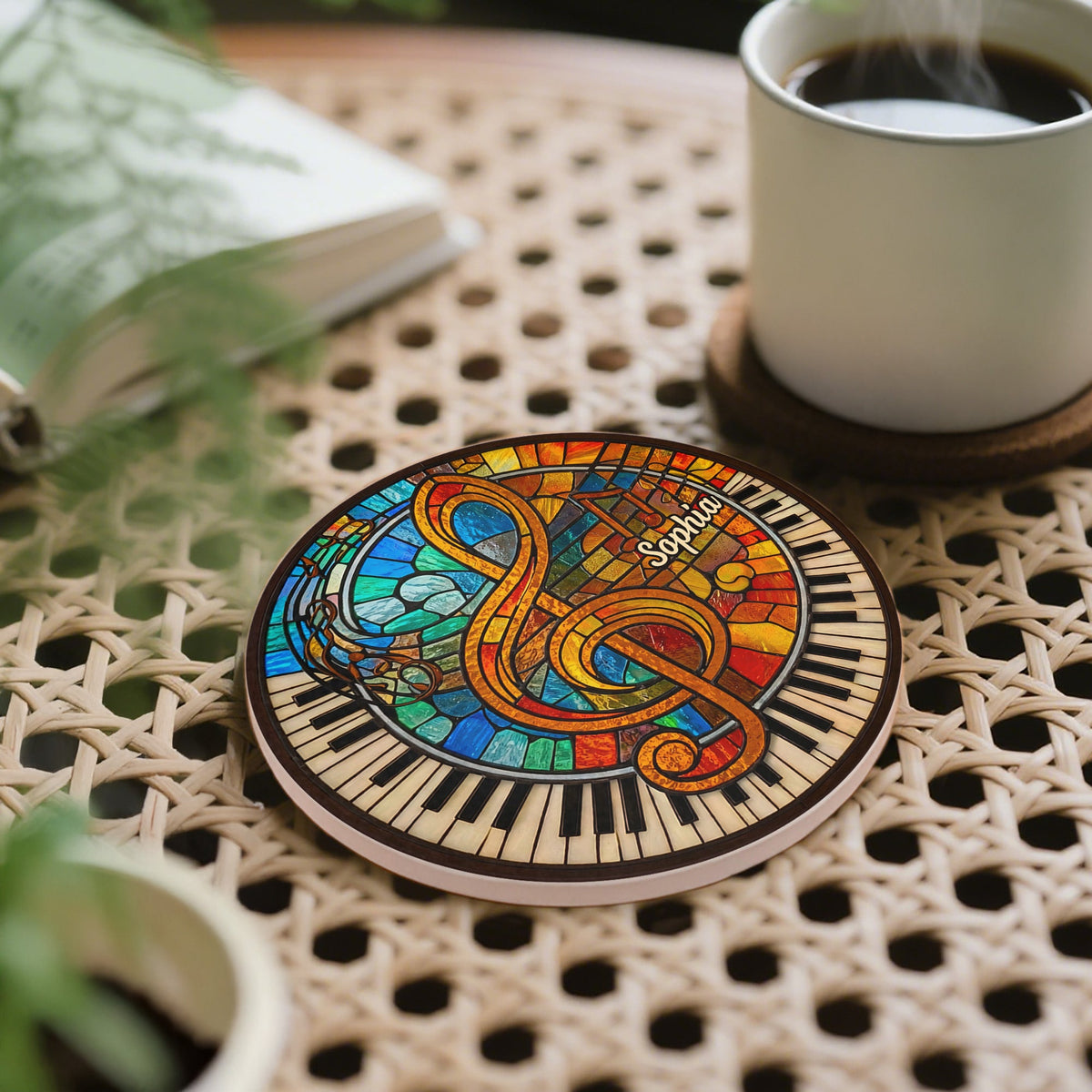 Harmonious Melodies Stained Glass, Ceramic Coaster, Gift For Music Lovers