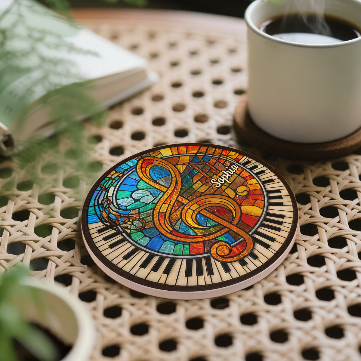 Harmonious Melodies Stained Glass, Ceramic Coaster, Gift For Music Lovers