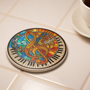 Harmonious Melodies Stained Glass, Ceramic Coaster, Gift For Music Lovers