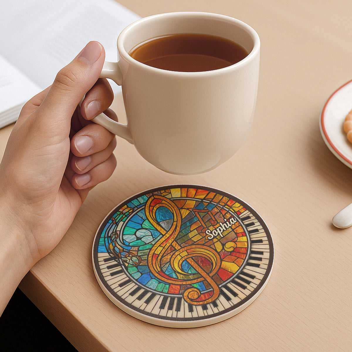 Harmonious Melodies Stained Glass, Ceramic Coaster, Gift For Music Lovers
