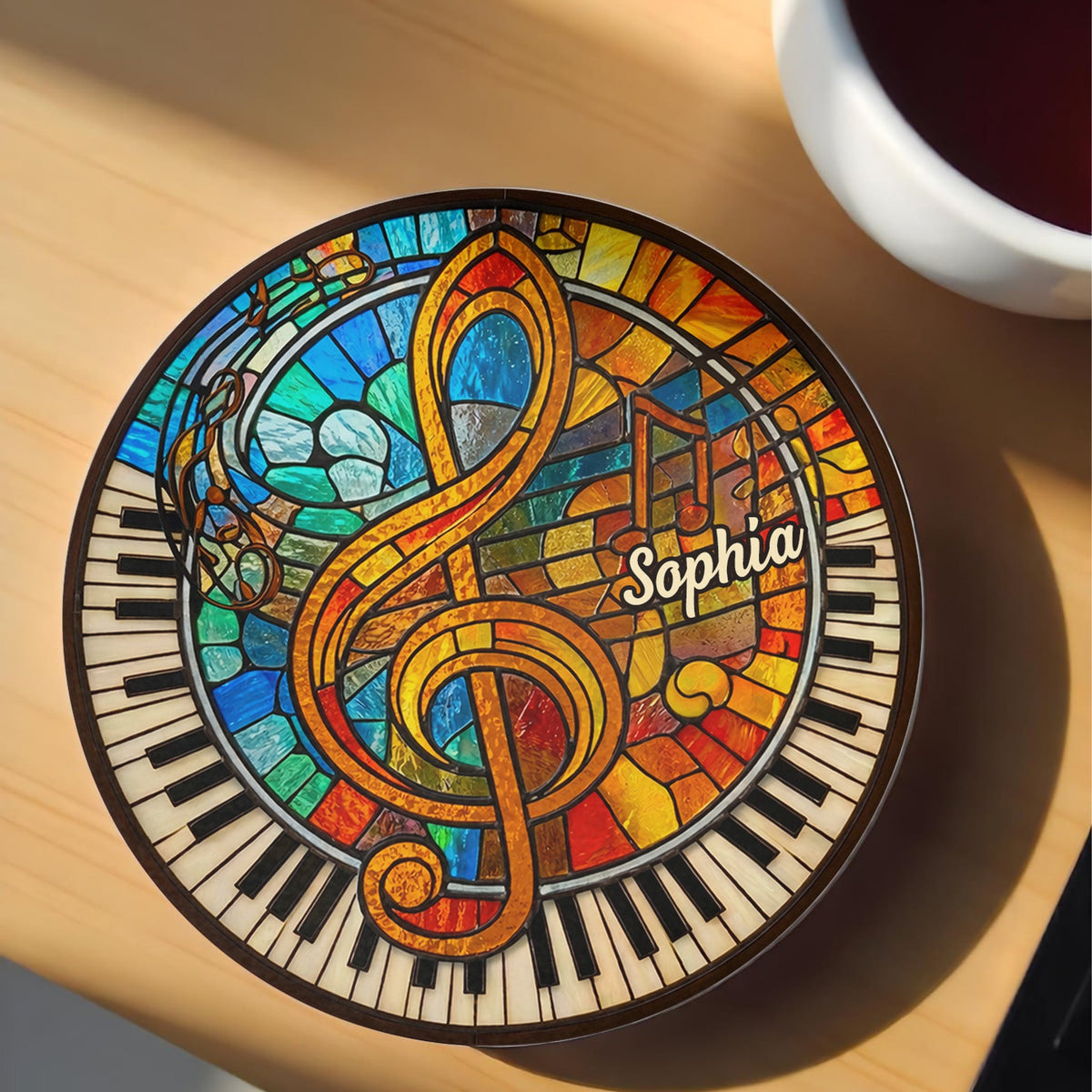 Harmonious Melodies Stained Glass, Ceramic Coaster, Gift For Music Lovers