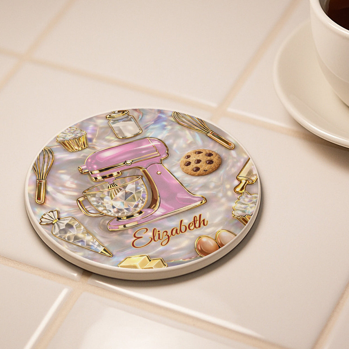 Baking With Love, Personalized Ceramic Coaster, Gift For Bakers