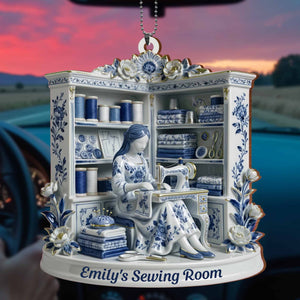 A Serene Crafting Moment With Sewing Machine And Flowers,Car Hanging Ornament,Gift For Crafters And Hobbyists