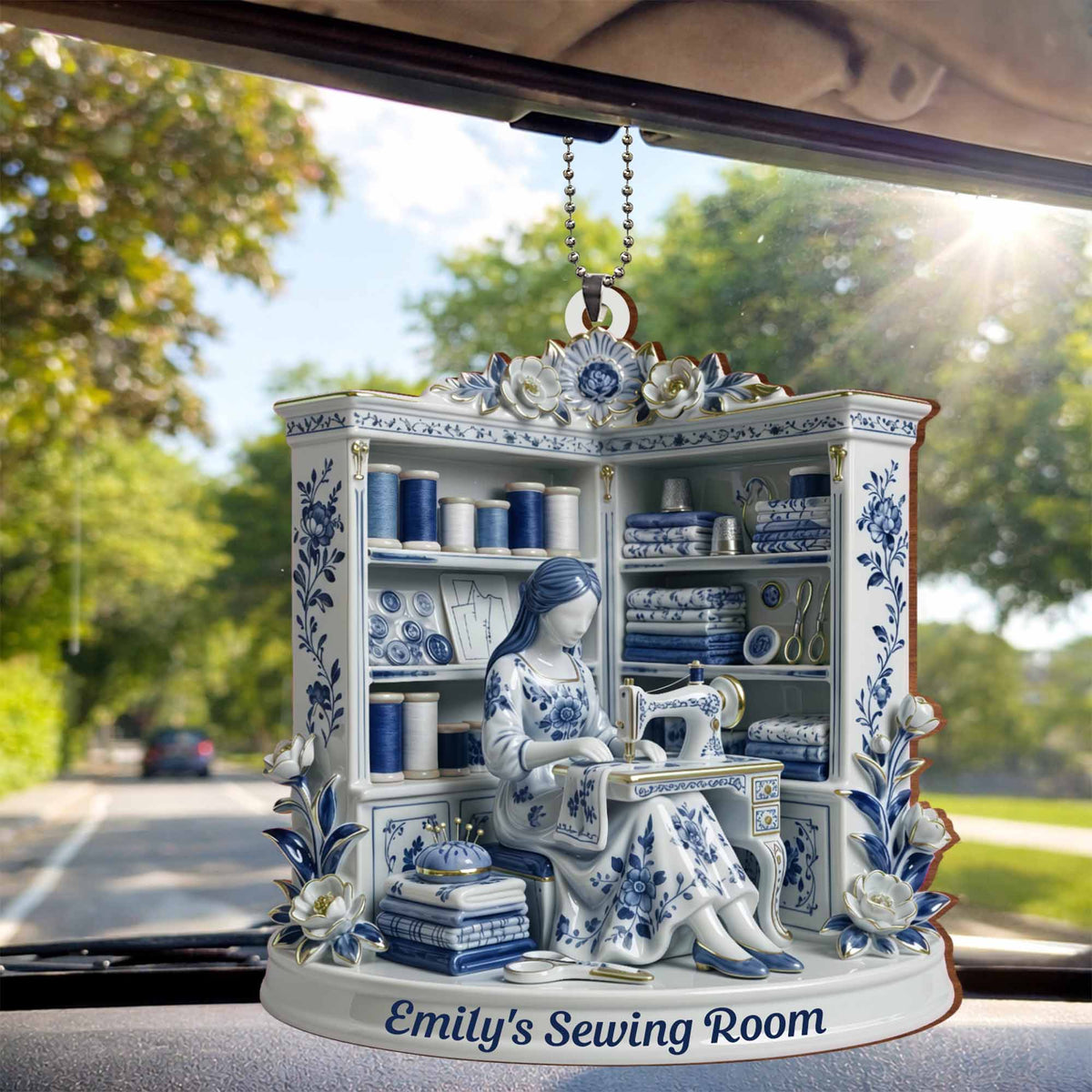 A Serene Crafting Moment With Sewing Machine And Flowers,Car Hanging Ornament,Gift For Crafters And Hobbyists