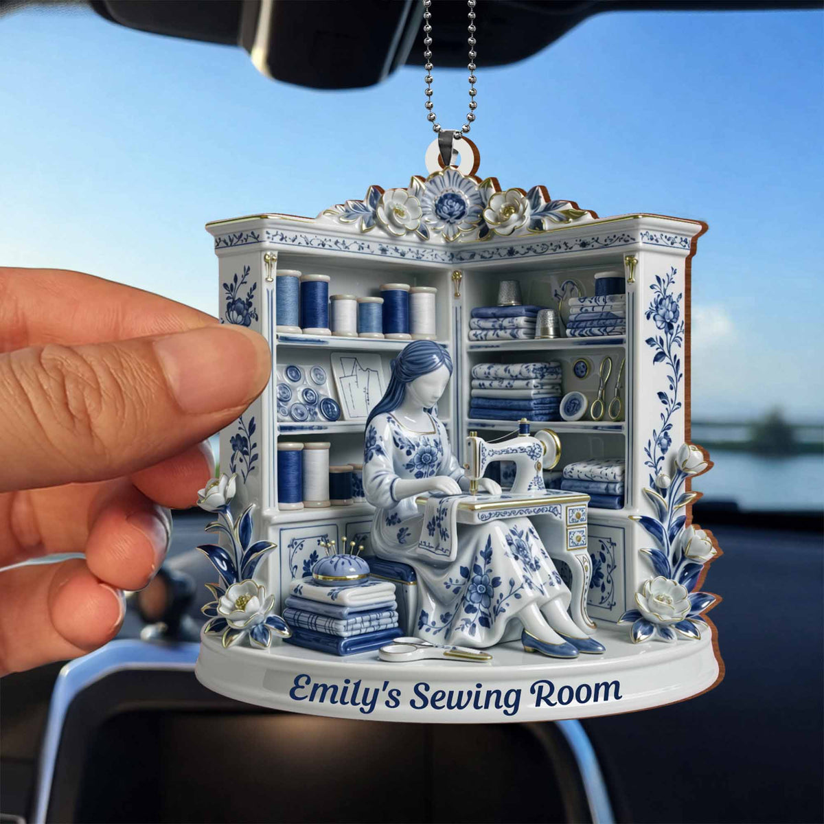 A Serene Crafting Moment With Sewing Machine And Flowers,Car Hanging Ornament,Gift For Crafters And Hobbyists