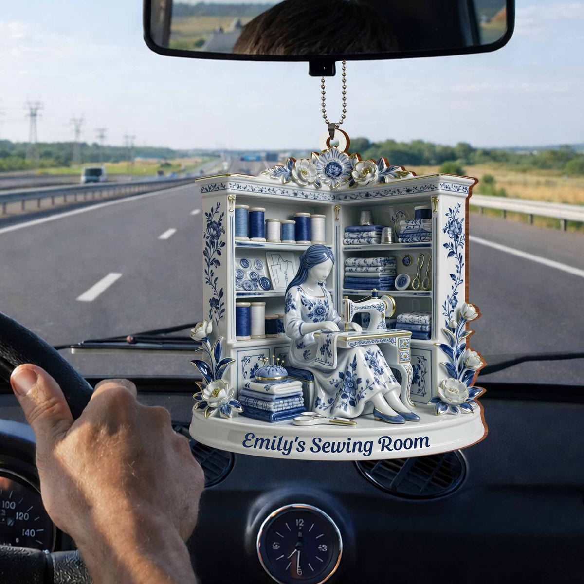 A Serene Crafting Moment With Sewing Machine And Flowers,Car Hanging Ornament,Gift For Crafters And Hobbyists