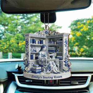 A Serene Crafting Moment With Sewing Machine And Flowers,Car Hanging Ornament,Gift For Crafters And Hobbyists