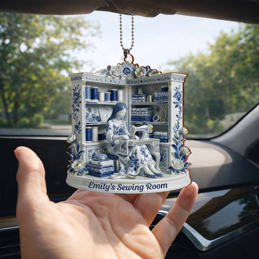 A Serene Crafting Moment With Sewing Machine And Flowers,Car Hanging Ornament,Gift For Crafters And Hobbyists